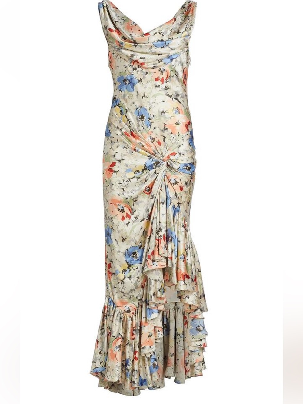 cinq a sept Ivory Floral Cowl-Neck Ruffle Maxi Dress with Blue & Coral Flowers